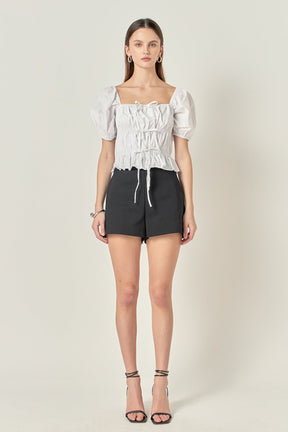 Tie Detail Shirring Top with Short Sleeves