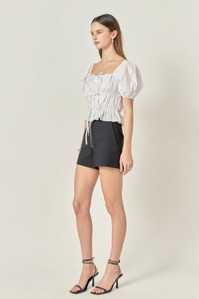 Tie Detail Shirring Top with Short Sleeves