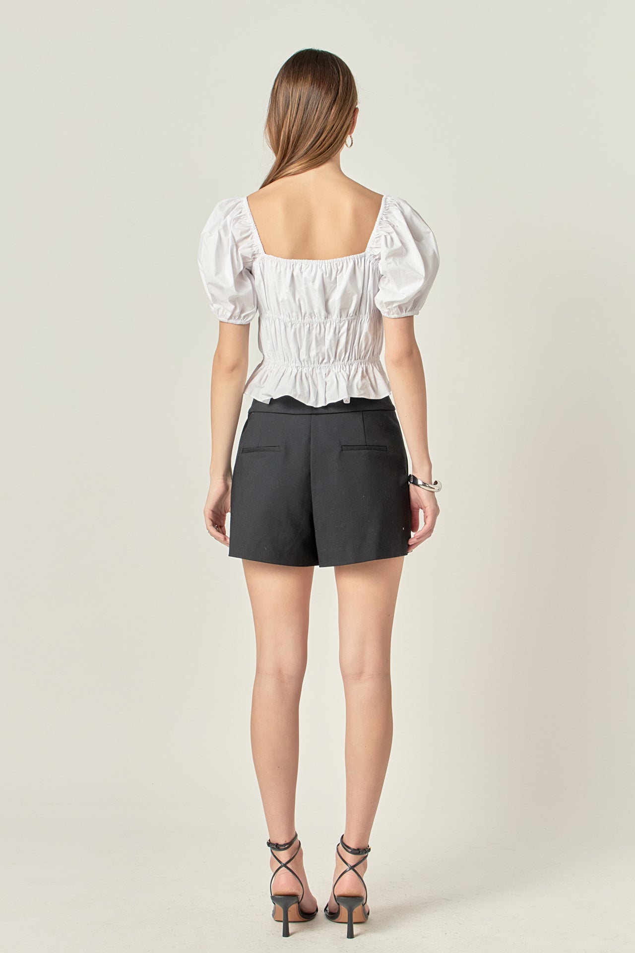 Tie Detail Shirring Top with Short Sleeves