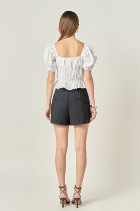 Tie Detail Shirring Top with Short Sleeves