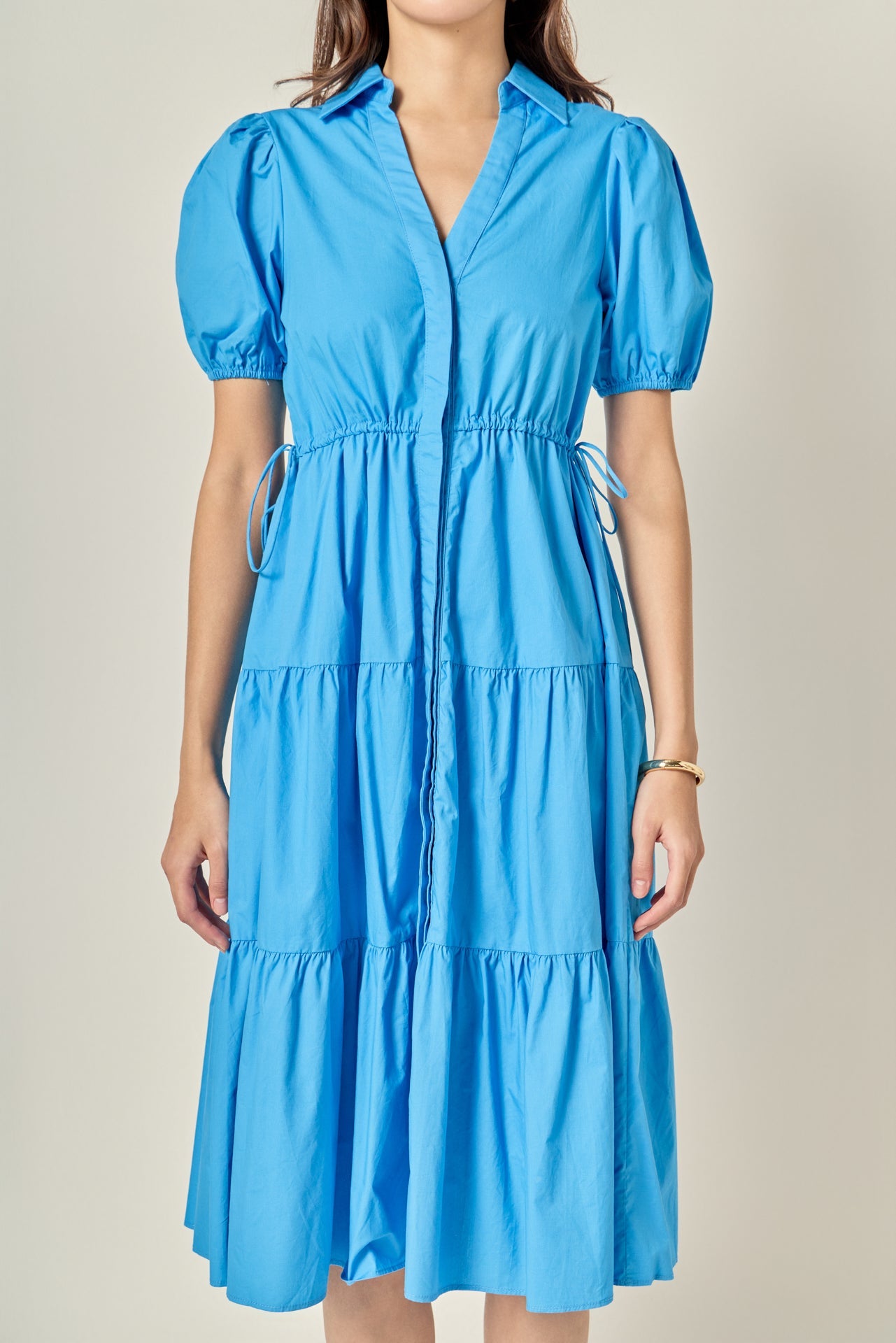 English Factory - Puff Sleeve Tiered Midi Dress OCEAN BLUE / M English Factory - Puff Sleeve Tiered Midi Dress OCEAN BLUE / M