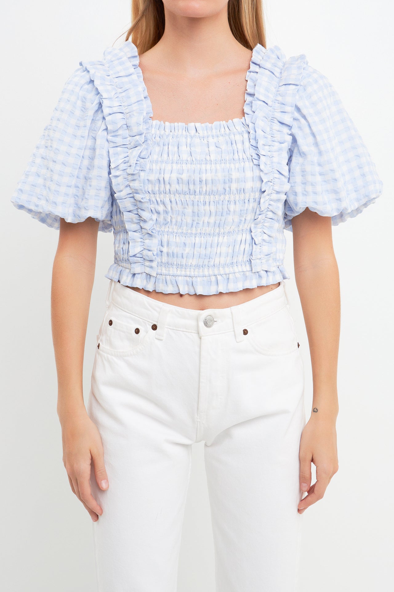 ENGLISH FACTORY - English Factory - Gingham Smocked Puff Sleeve Top - TOPS available at Objectrare