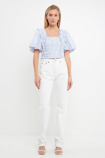 ENGLISH FACTORY - English Factory - Gingham Smocked Puff Sleeve Top - TOPS available at Objectrare