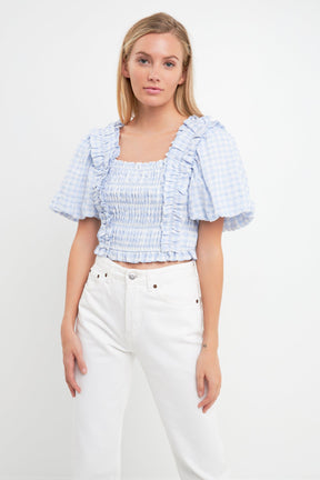 ENGLISH FACTORY - Gingham Smocked Puff Sleeve Top - TOPS available at Objectrare