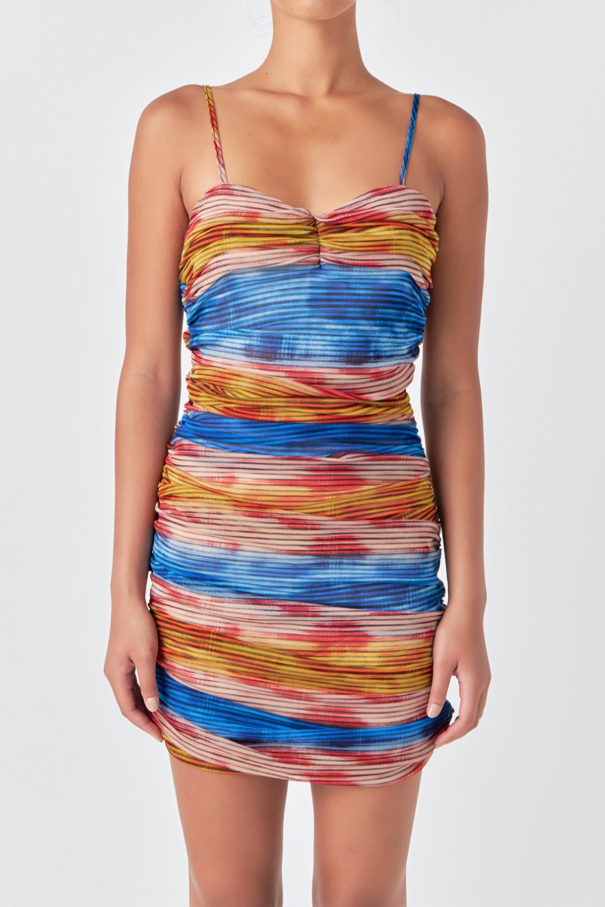 Striped Mesh Mini Dress with Ruched Detail