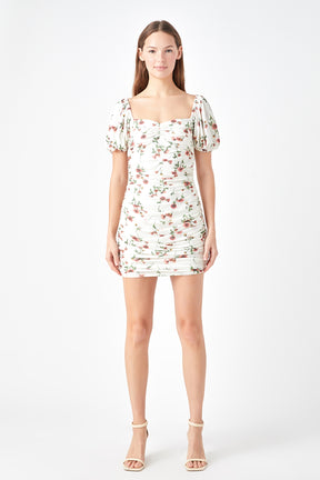 ENDLESS ROSE - Floral Mesh Ruched Mini Dress with Short Sleeves - DRESSES available at Objectrare