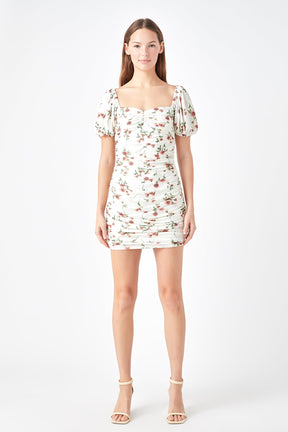 ENDLESS ROSE - Floral Mesh Ruched Mini Dress with Short Sleeves - DRESSES available at Objectrare