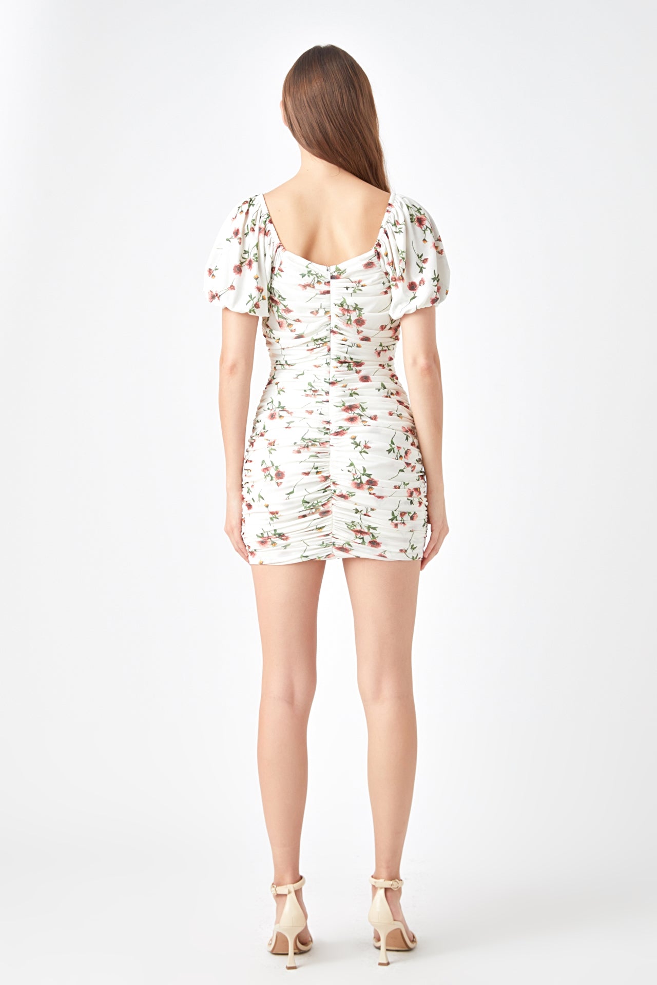 ENDLESS ROSE - Floral Mesh Ruched Mini Dress with Short Sleeves - DRESSES available at Objectrare