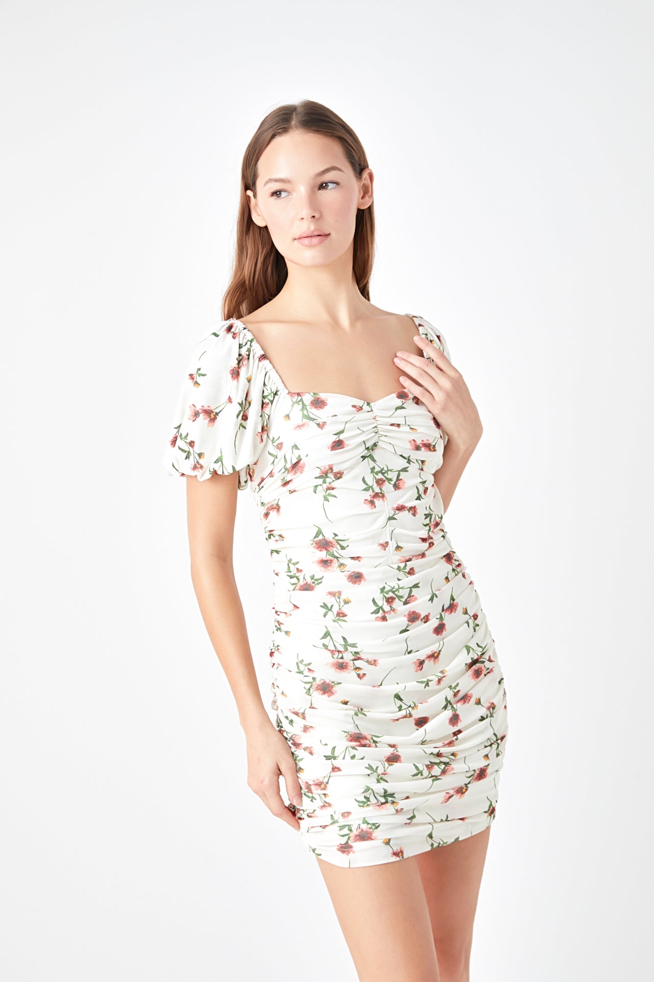 ENDLESS ROSE - Floral Mesh Ruched Mini Dress with Short Sleeves - DRESSES available at Objectrare