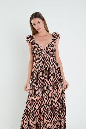 ENGLISH FACTORY - Tiger Print Ruffle Sleeve Maxi Dress - DRESSES available at Objectrare