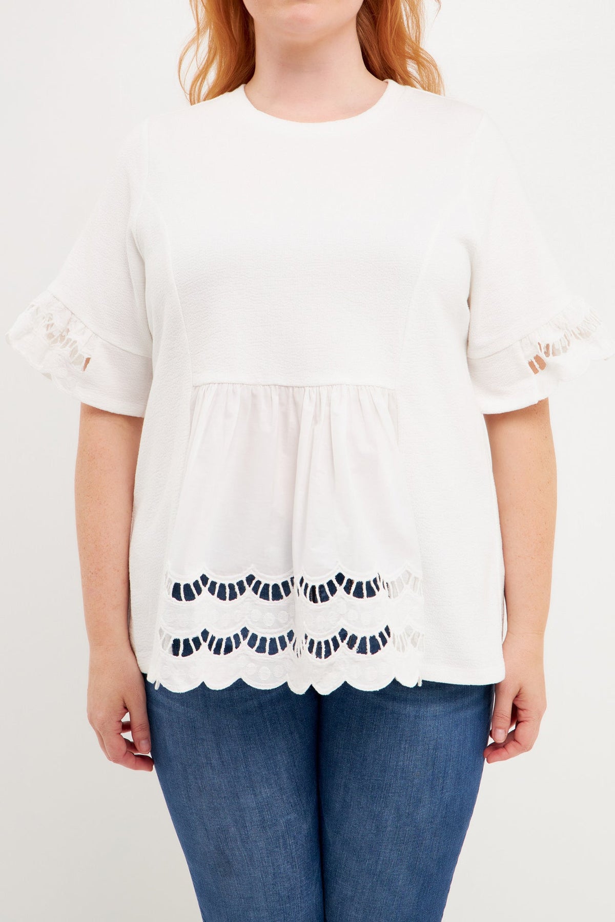 ENGLISH FACTORY - Plus Size Knit Eyelet Mixed T-Shirts - TOPS available at Objectrare