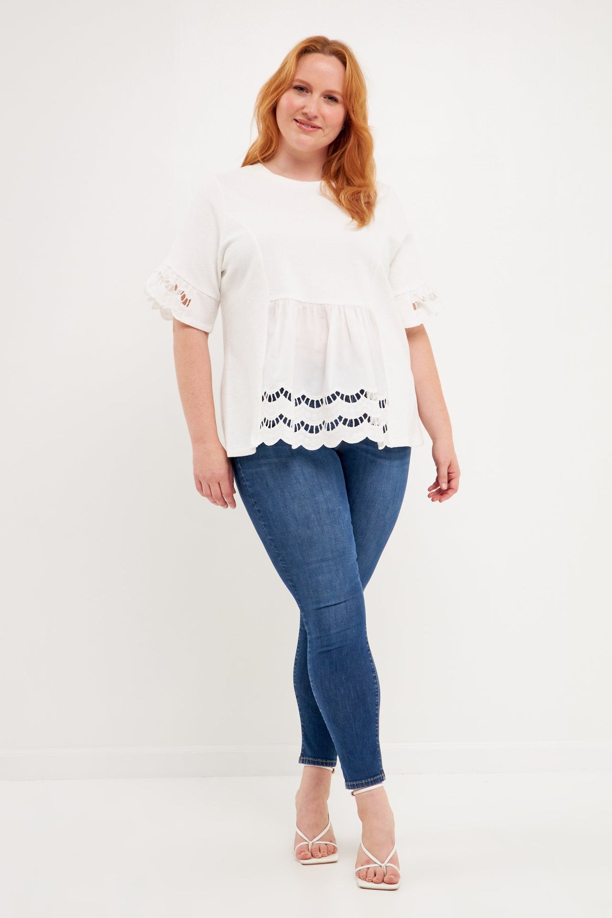 ENGLISH FACTORY - Plus Size Knit Eyelet Mixed T-Shirts - TOPS available at Objectrare