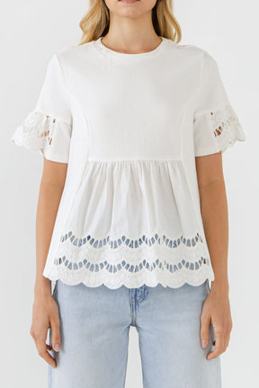 ENGLISH FACTORY - Knit Eyelet Mixed T-Shirts - TOPS available at Objectrare