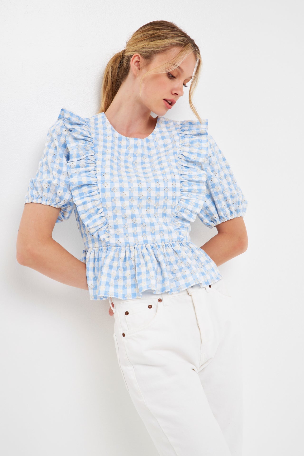 ENGLISH FACTORY - English Factory - Embroidered Gingham Checked Ruffle Top - TOPS available at Objectrare