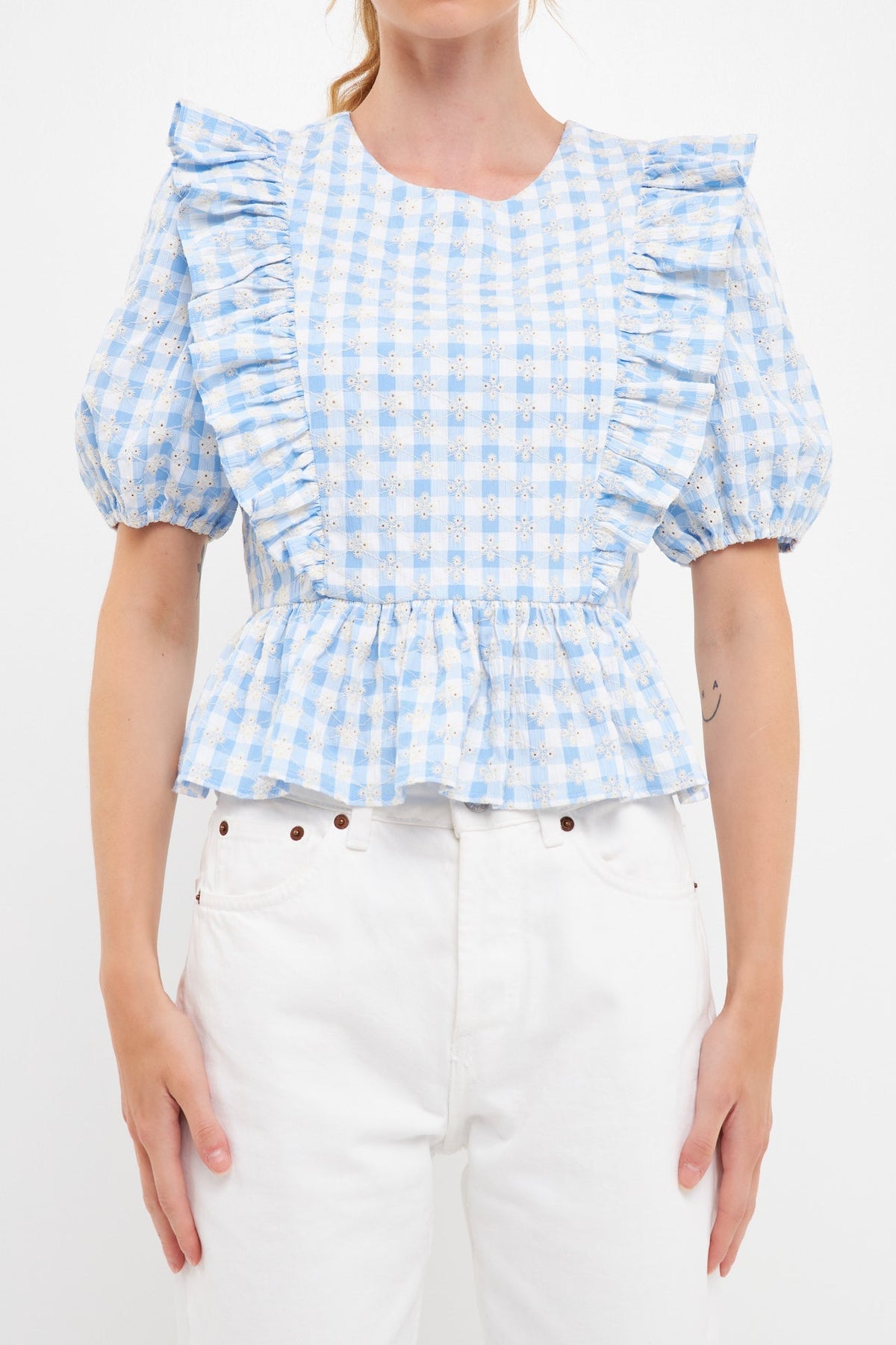 ENGLISH FACTORY - Embroidered Gingham Checked Ruffle Top - TOPS available at Objectrare