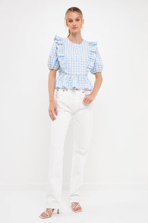 ENGLISH FACTORY - English Factory - Embroidered Gingham Checked Ruffle Top - TOPS available at Objectrare