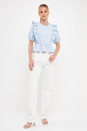 ENGLISH FACTORY - English Factory - Embroidered Gingham Checked Ruffle Top - TOPS available at Objectrare