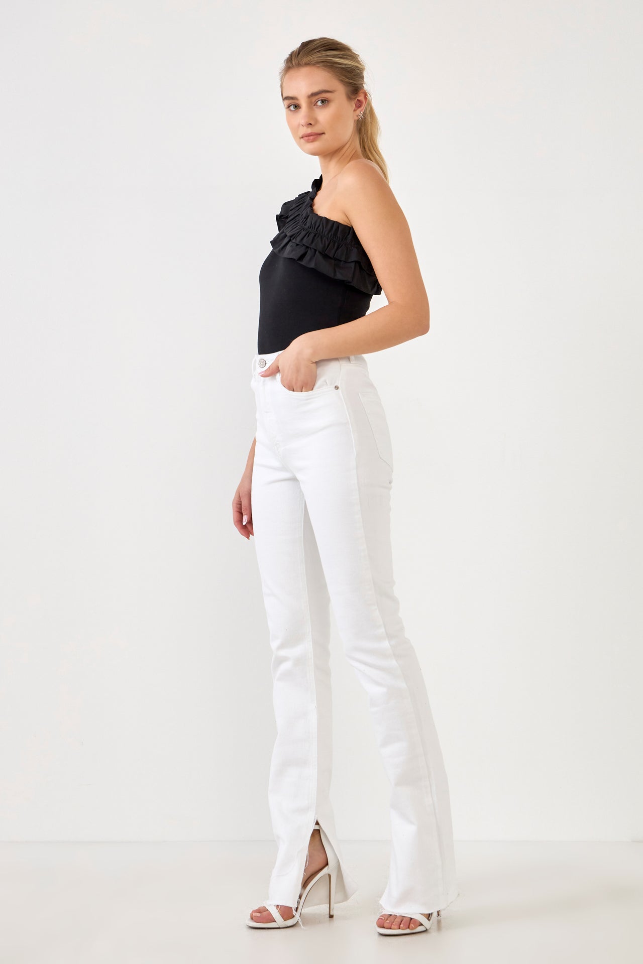ENDLESS ROSE - Ruffled Asymmetrical Bodysuit - TOPS available at Objectrare