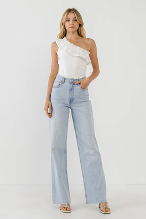 ENDLESS ROSE - Ruffled Asymmetrical Bodysuit - TOPS available at Objectrare