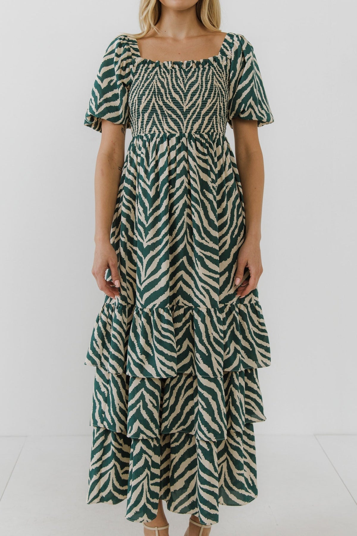 ENGLISH FACTORY - Tiger Print Smocked Midi Dress - DRESSES available at Objectrare
