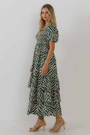 ENGLISH FACTORY - Tiger Print Smocked Midi Dress - DRESSES available at Objectrare