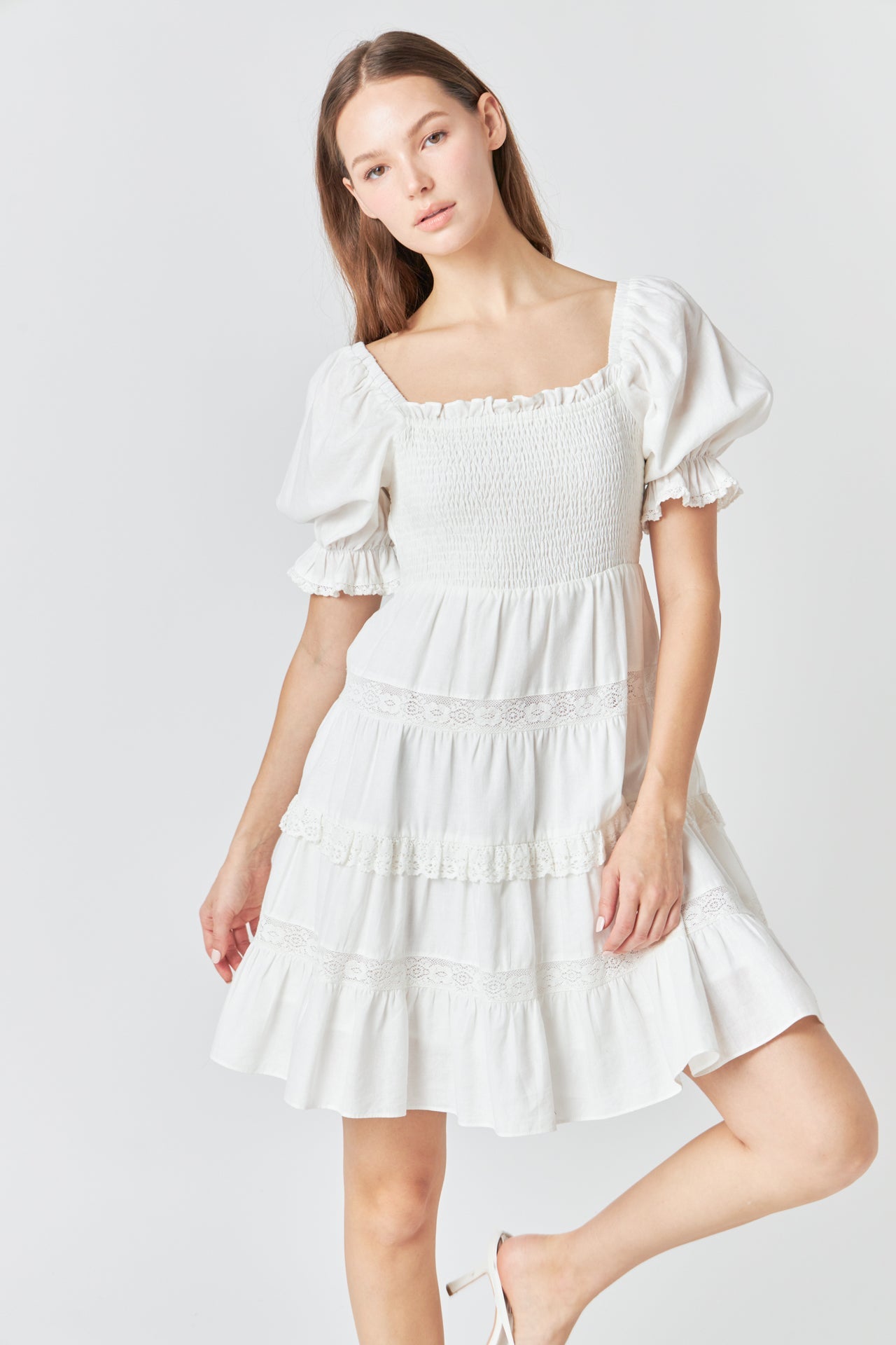 ENDLESS ROSE - Endless Rose - Linen Smocked Mini Dress with Lace - DRESSES available at Objectrare