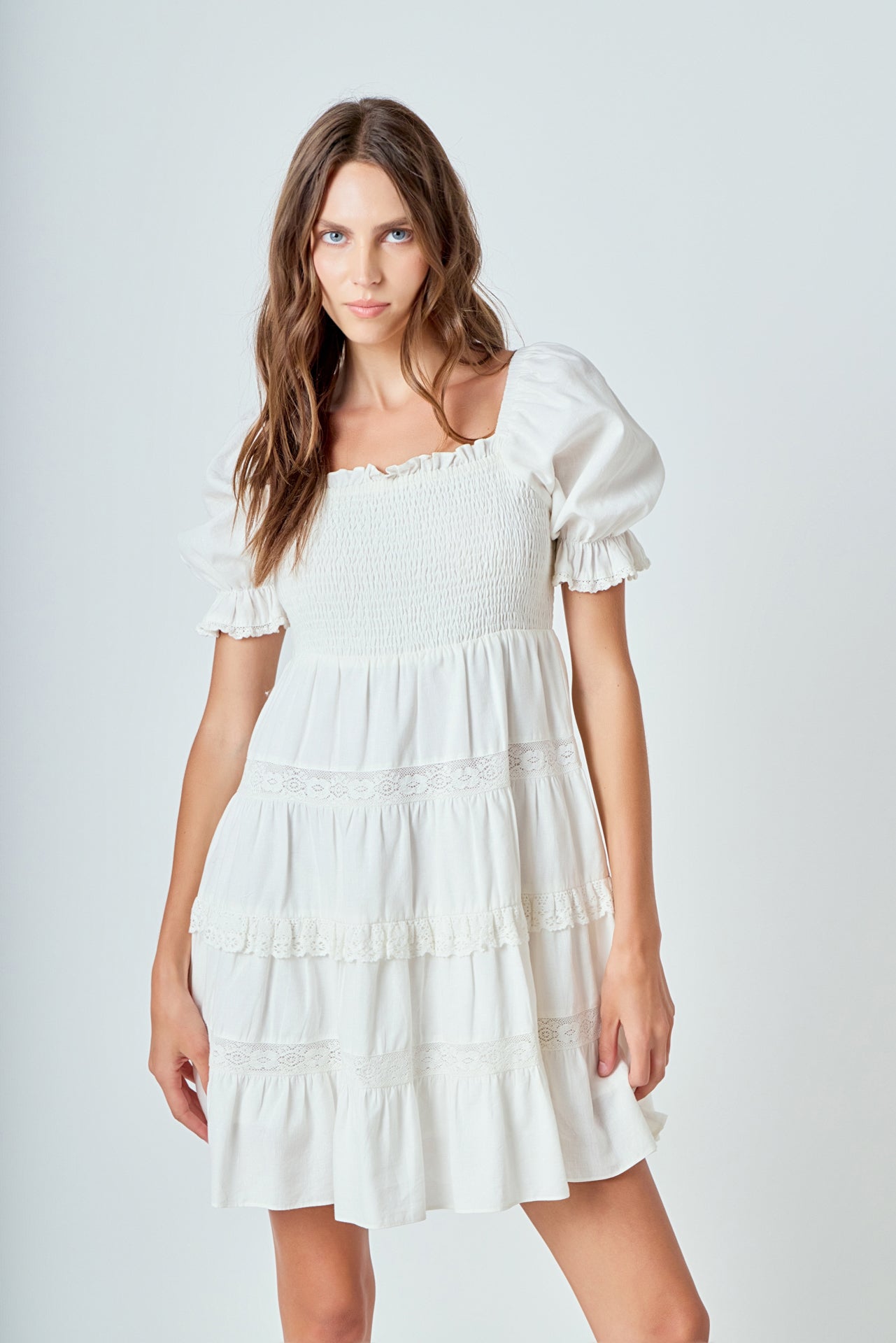 Endless Rose - Linen Smocked Mini Dress with Lace White / L Endless Rose - Linen Smocked Mini Dress with Lace White / L