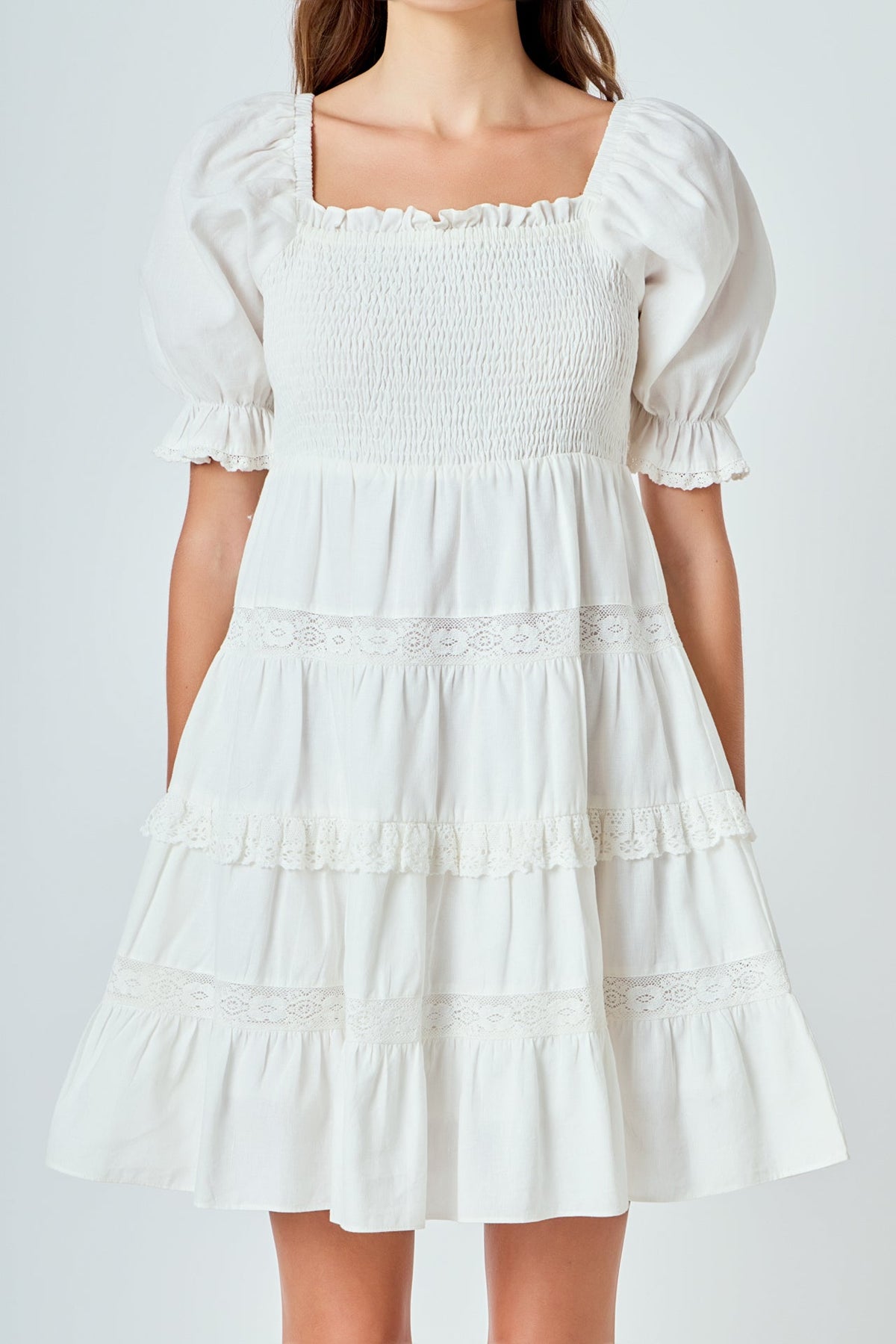ENDLESS ROSE - Linen Smocked Mini Dress with Lace - DRESSES available at Objectrare