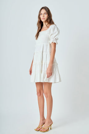 ENDLESS ROSE - Linen Smocked Mini Dress with Lace - DRESSES available at Objectrare