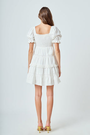 ENDLESS ROSE - Linen Smocked Mini Dress with Lace - DRESSES available at Objectrare