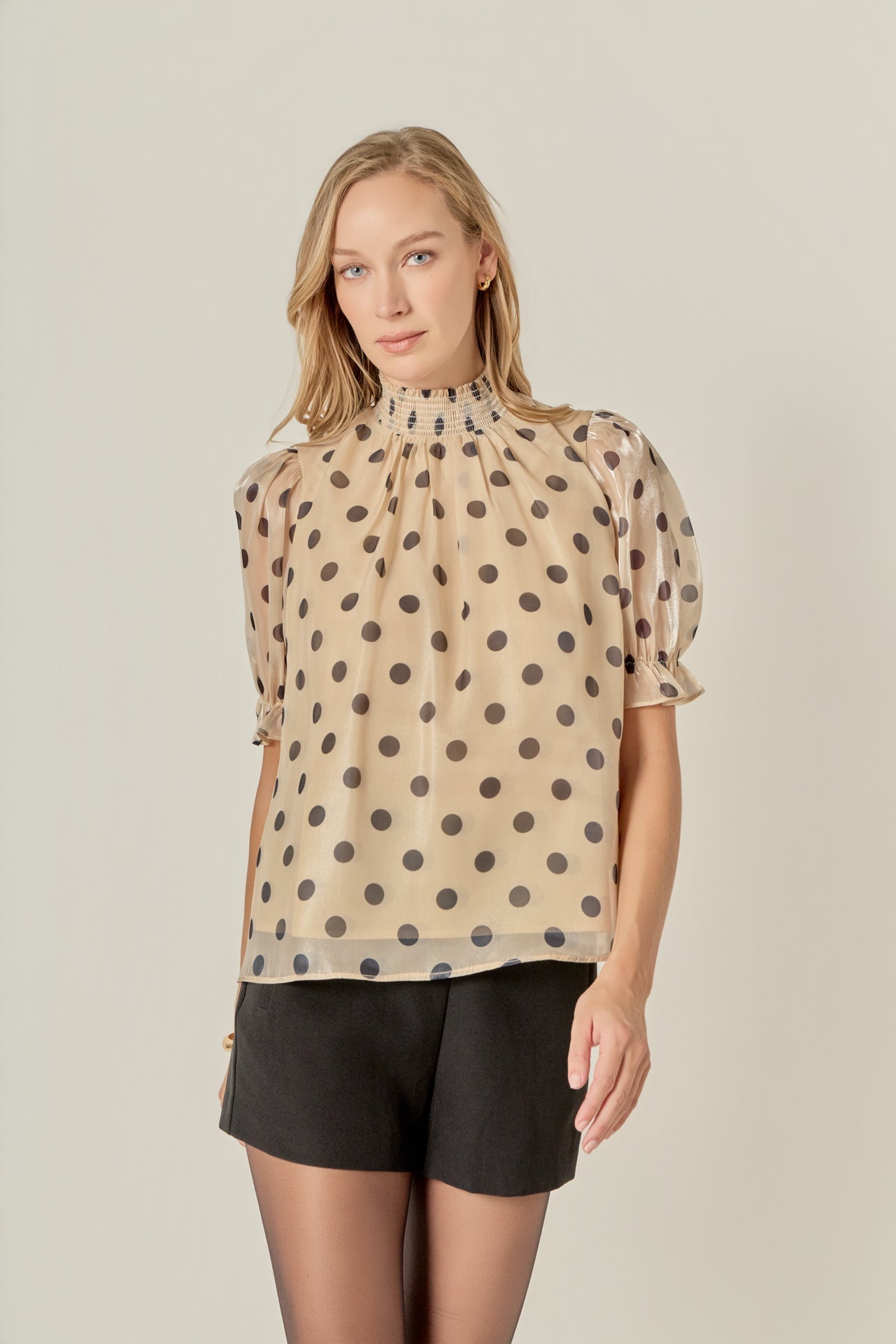 ENGLISH FACTORY - Polka-dot Puff Sleeve Top with Mock Neck - TOPS available at Objectrare