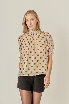 ENGLISH FACTORY - Polka-dot Puff Sleeve Top with Mock Neck - TOPS available at Objectrare