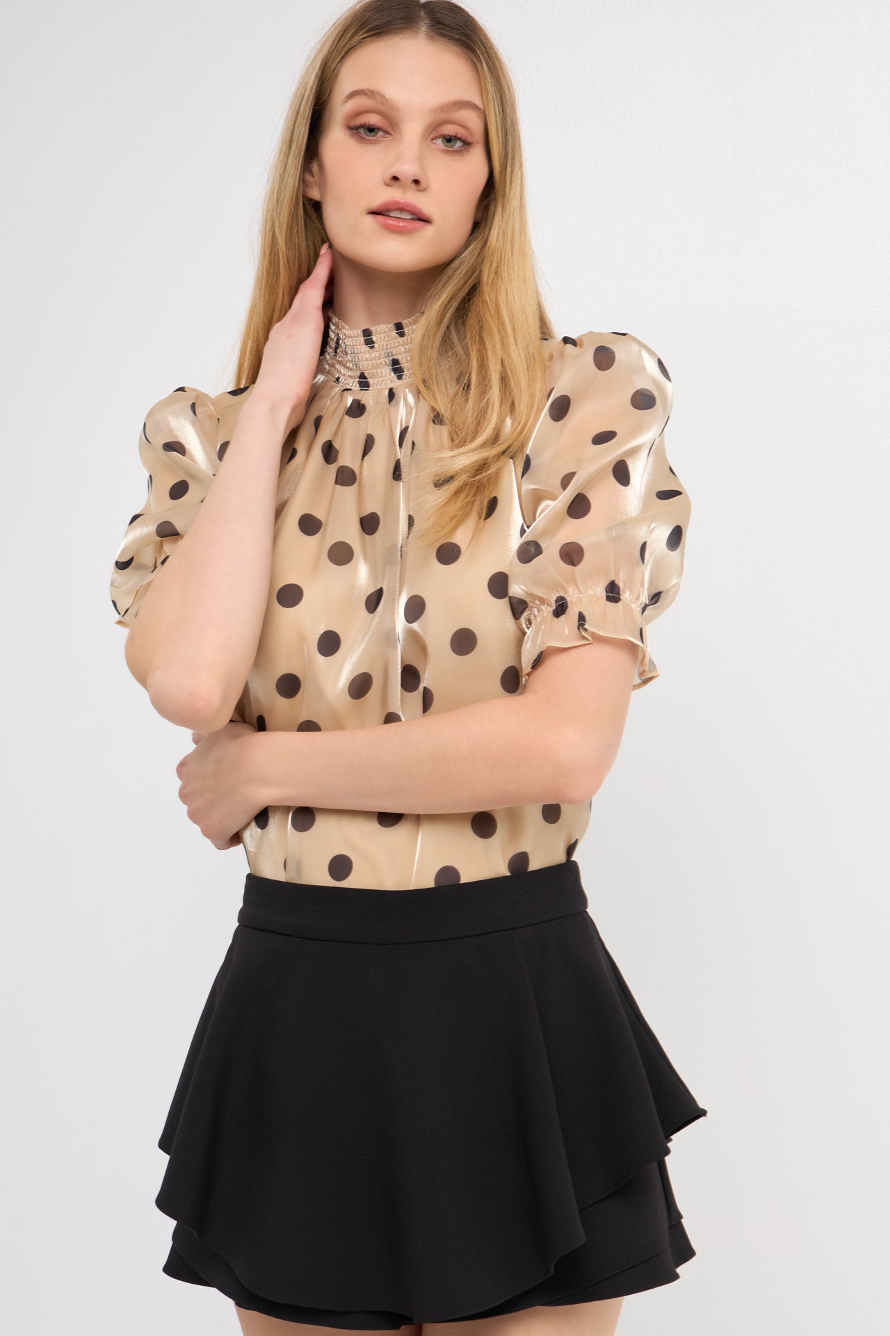 ENGLISH FACTORY - Polka-dot Puff Sleeve Top with Mock Neck - TOPS available at Objectrare
