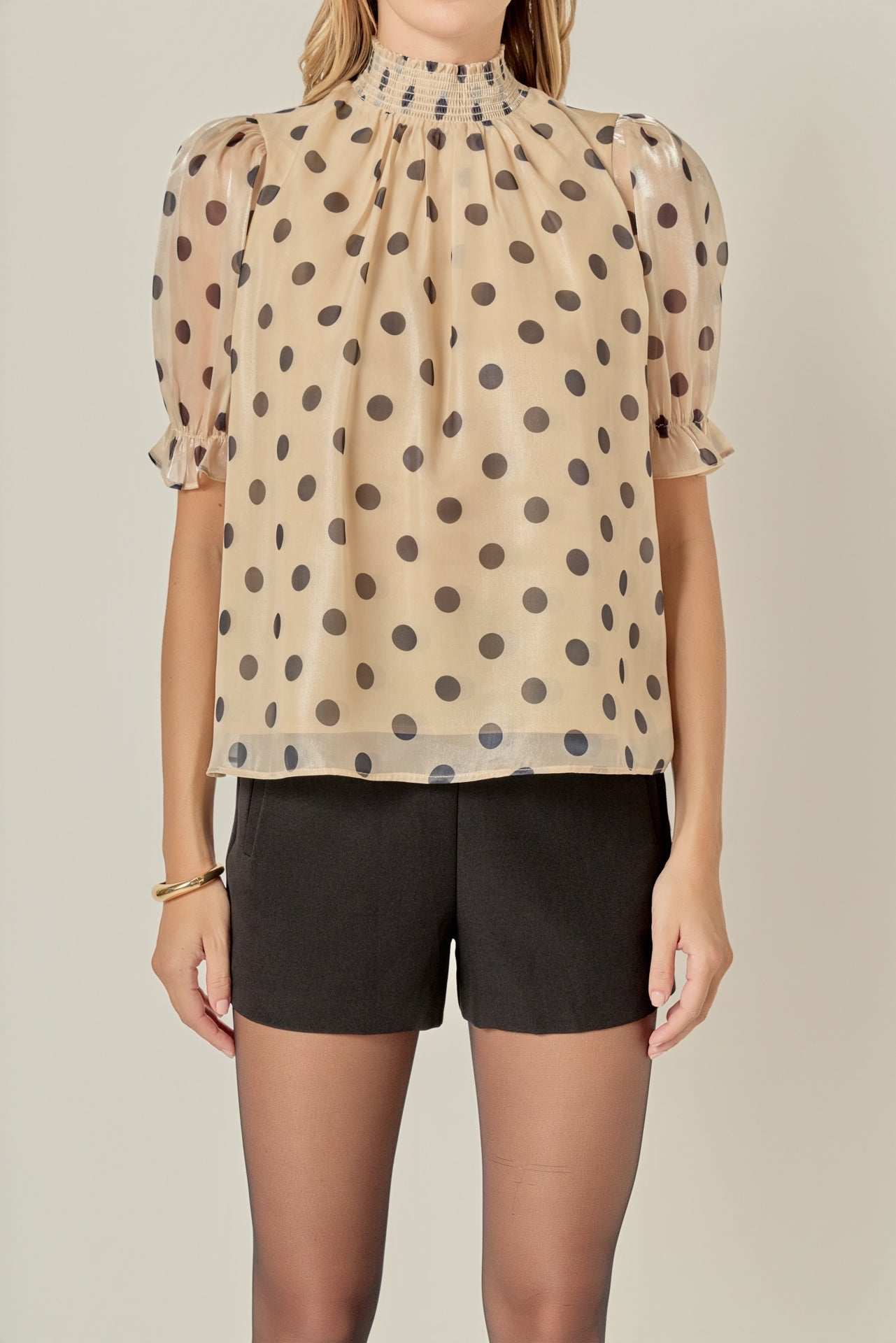 ENGLISH FACTORY - Polka-dot Puff Sleeve Top with Mock Neck - TOPS available at Objectrare