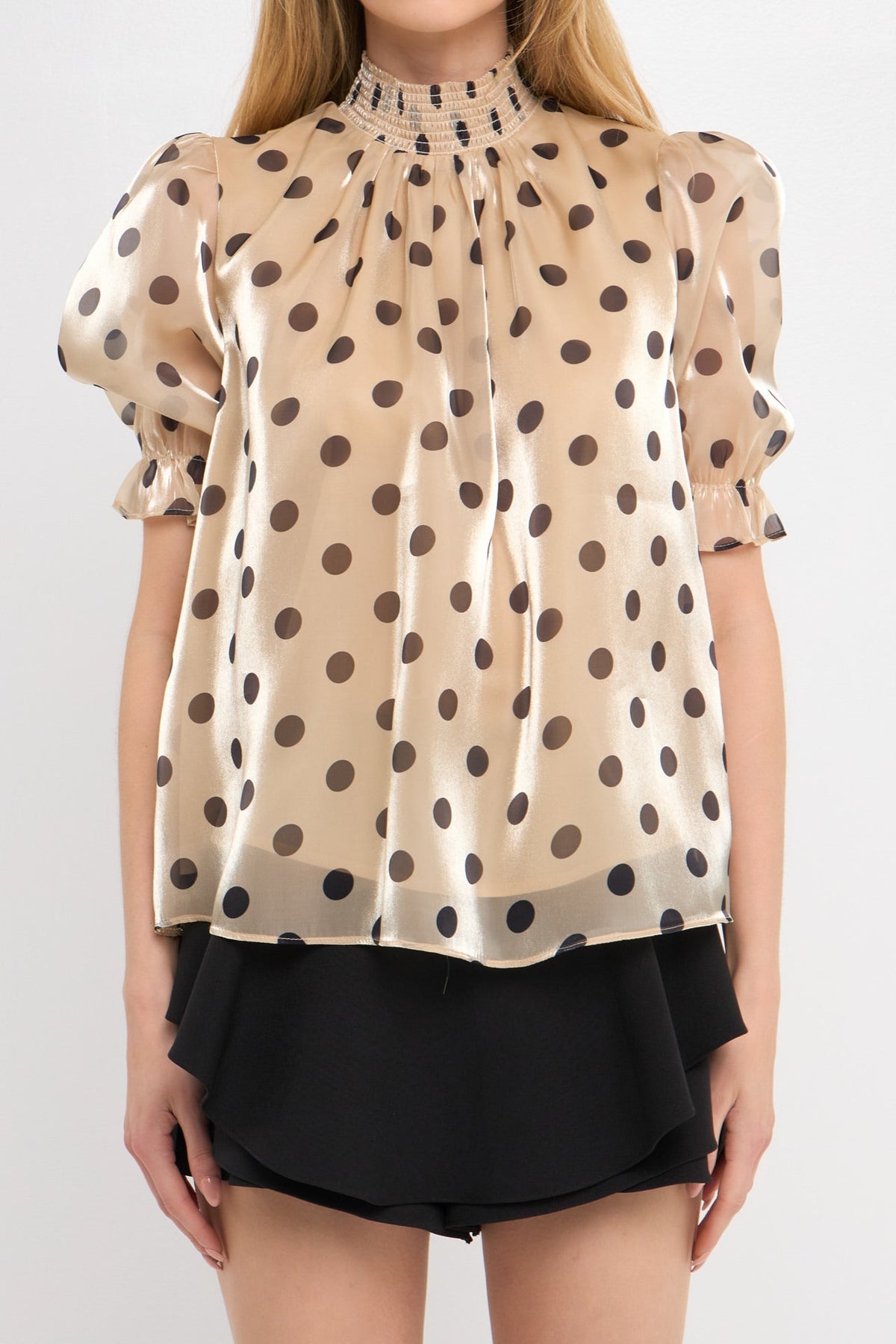 ENGLISH FACTORY - Polka-dot Puff Sleeve Top with Mock Neck - TOPS available at Objectrare