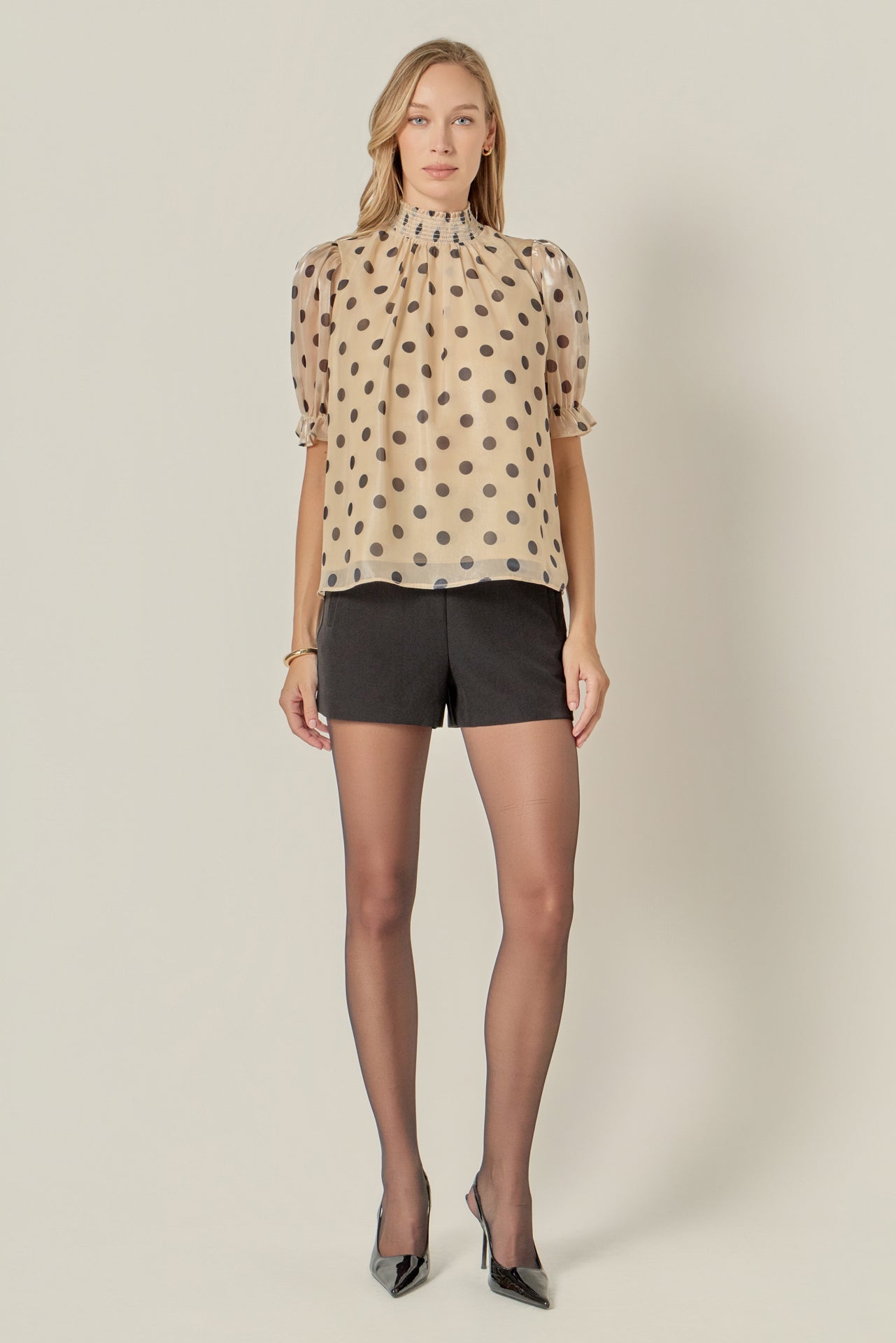 ENGLISH FACTORY - Polka-dot Puff Sleeve Top with Mock Neck - TOPS available at Objectrare