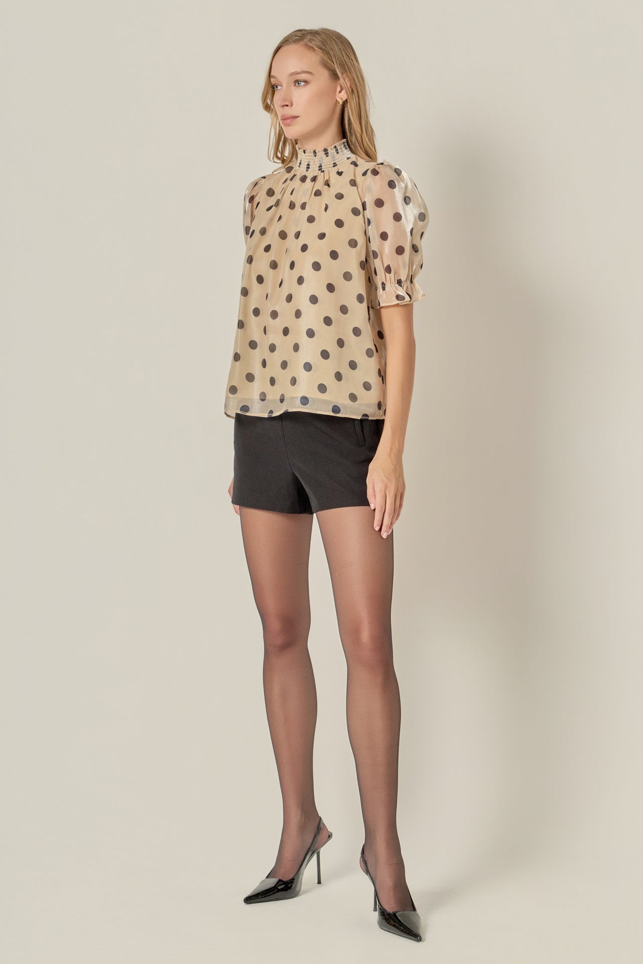 ENGLISH FACTORY - Polka-dot Puff Sleeve Top with Mock Neck - TOPS available at Objectrare