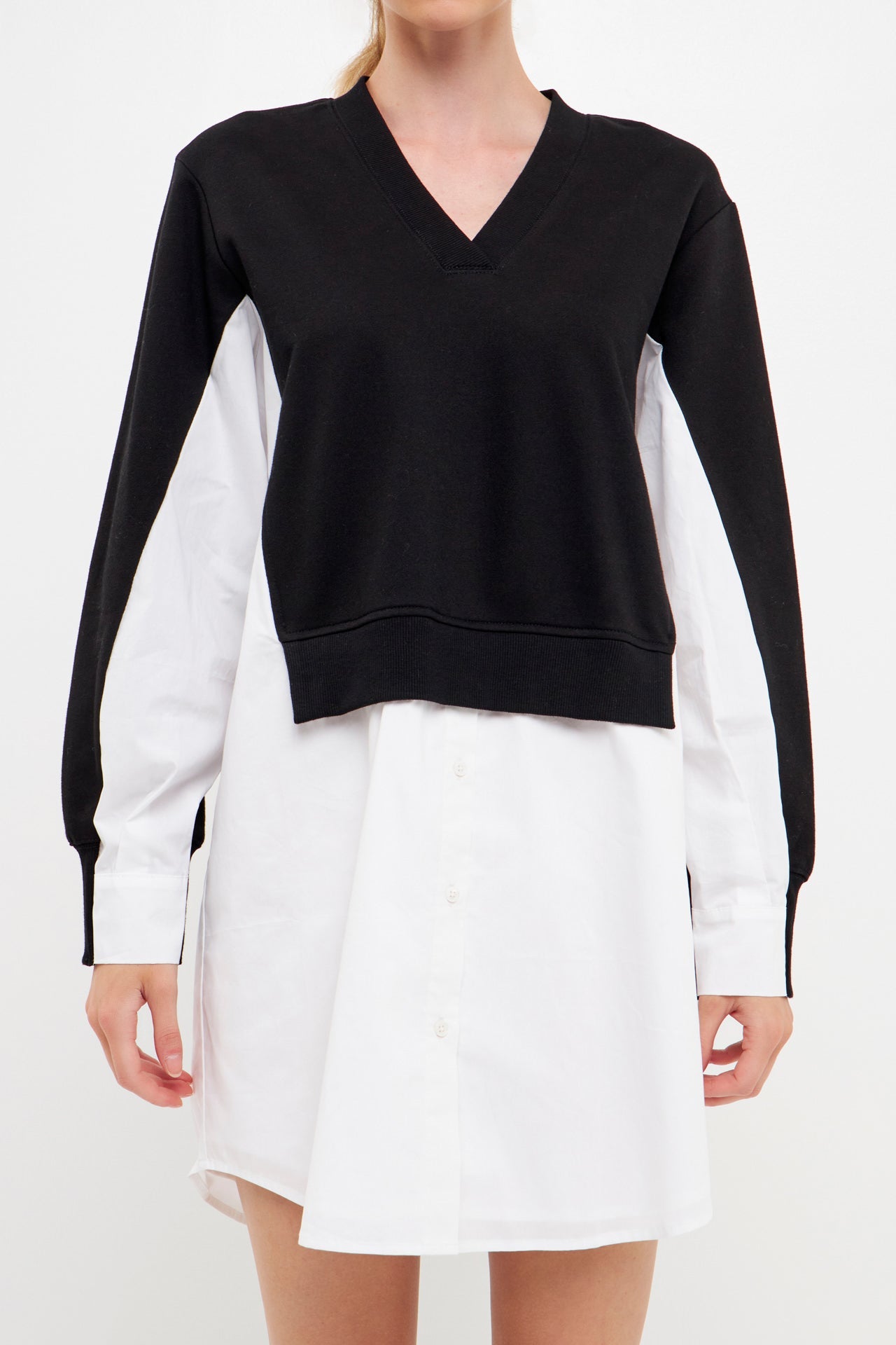 ENGLISH FACTORY - V-neck Sweatshirts Dress with Poplin - DRESSES available at Objectrare