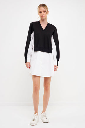 V-neck Sweatshirts Dress with Poplin