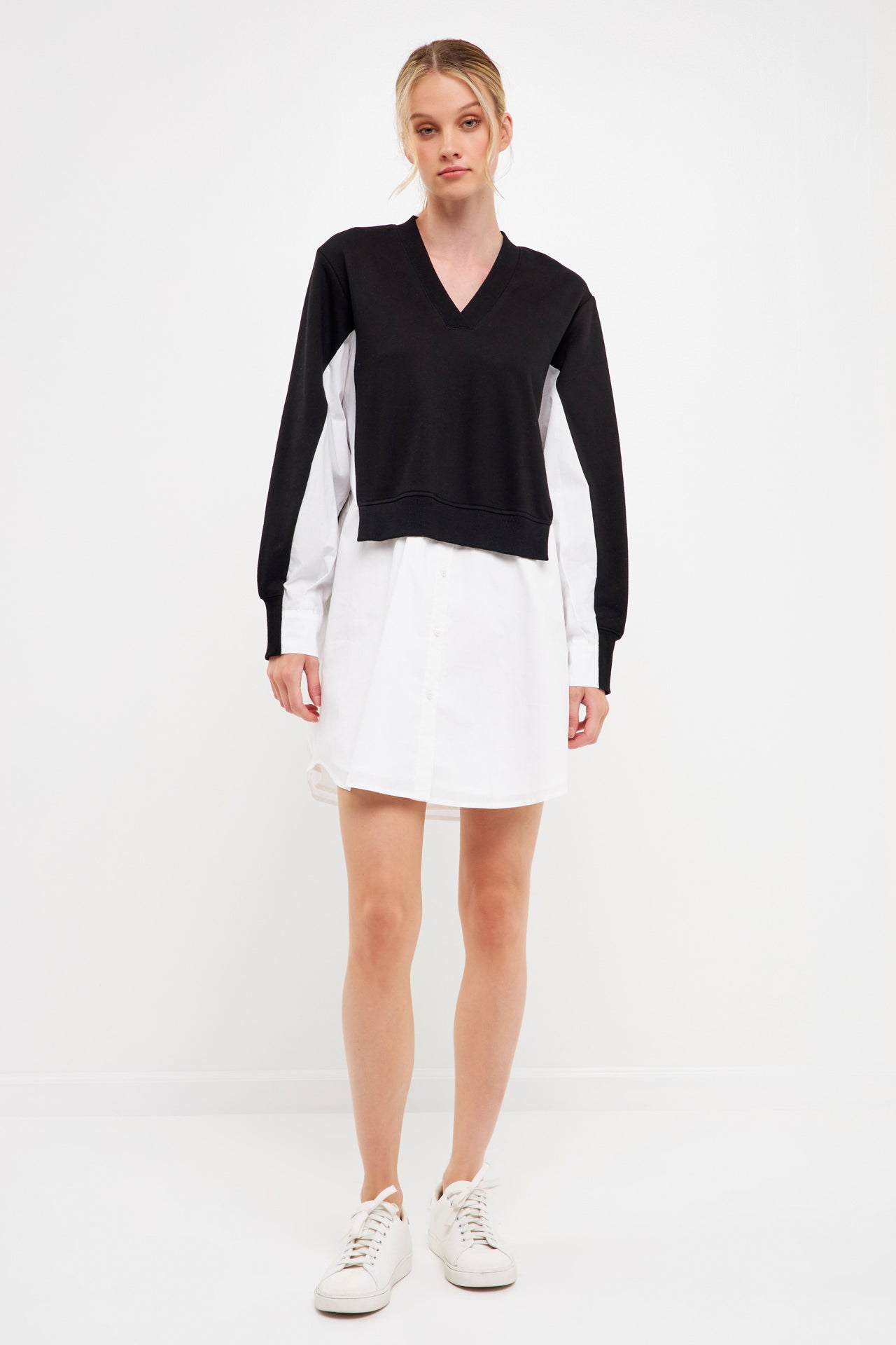 ENGLISH FACTORY - V-neck Sweatshirts Dress with Poplin - DRESSES available at Objectrare
