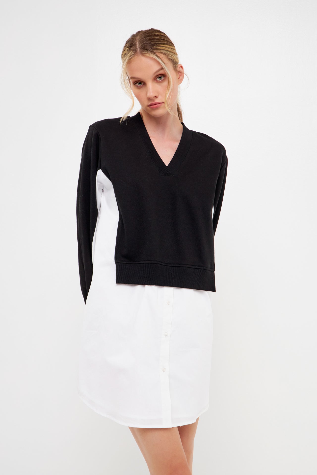 ENGLISH FACTORY - V-neck Sweatshirts Dress with Poplin - DRESSES available at Objectrare