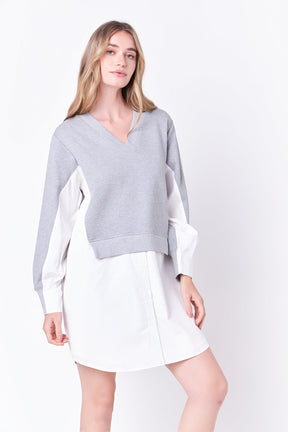 ENGLISH FACTORY - V-neck Sweatshirts Dress with Poplin - DRESSES available at Objectrare