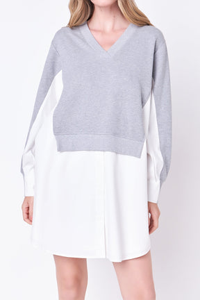 V-neck Sweatshirts Dress with Poplin