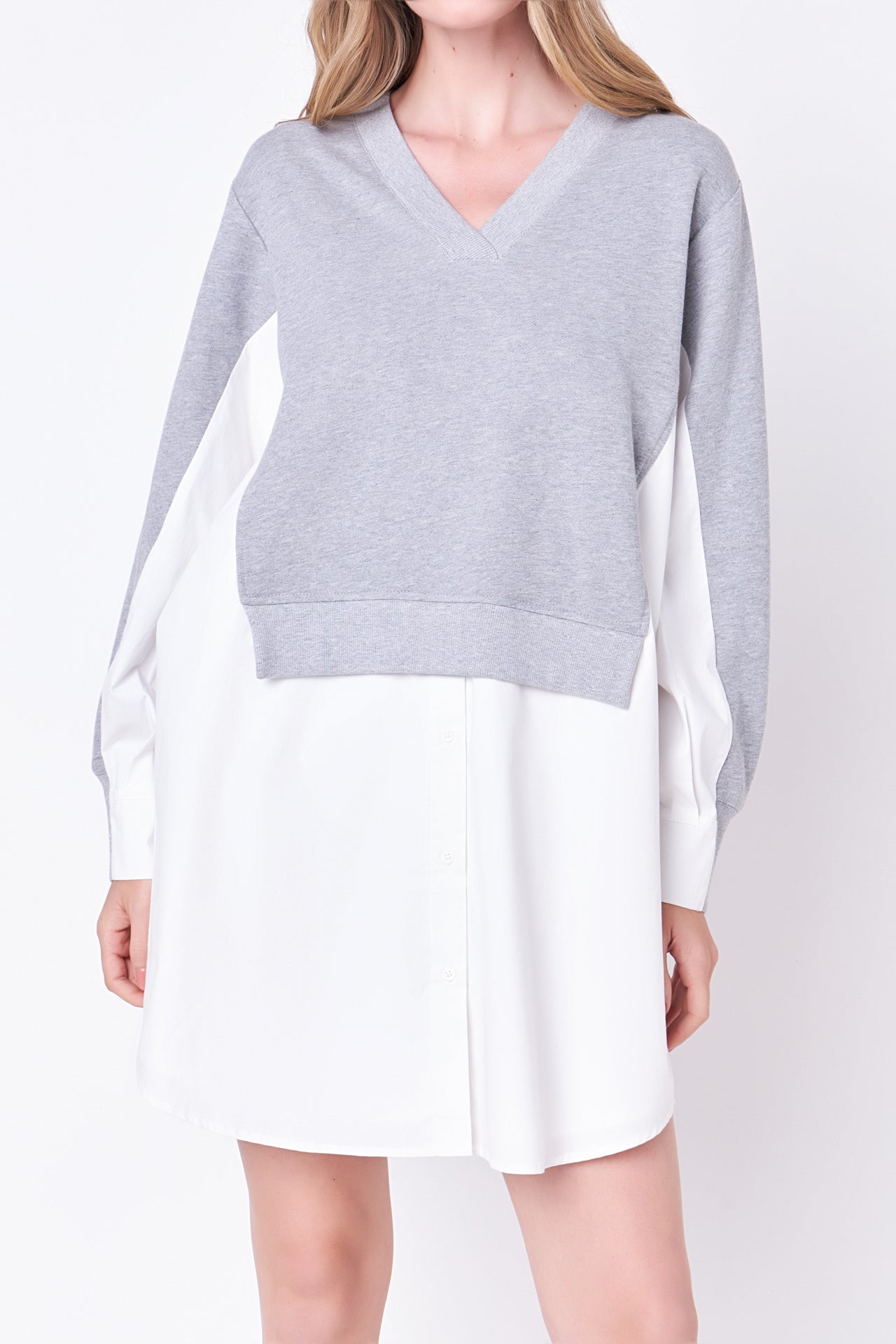 ENGLISH FACTORY - V-neck Sweatshirts Dress with Poplin - DRESSES available at Objectrare