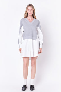 ENGLISH FACTORY - V-neck Sweatshirts Dress with Poplin - DRESSES available at Objectrare