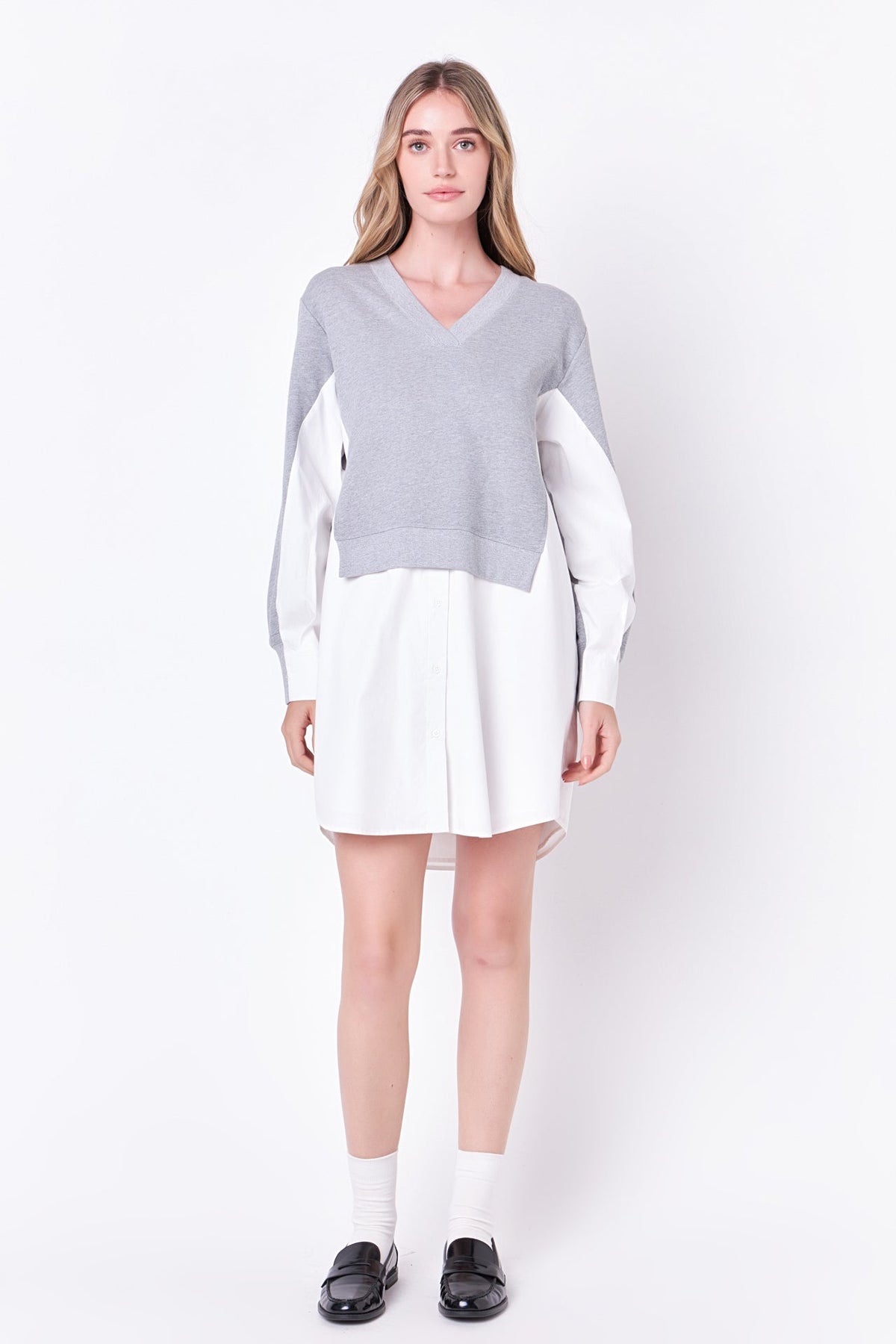 English Factory - V-neck Sweatshirts Dress with Poplin