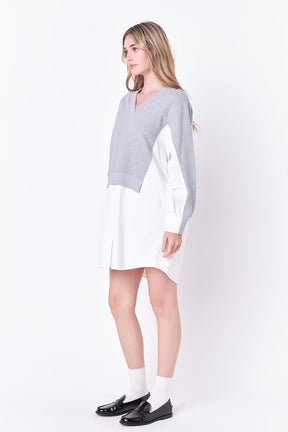 V-neck Sweatshirts Dress with Poplin
