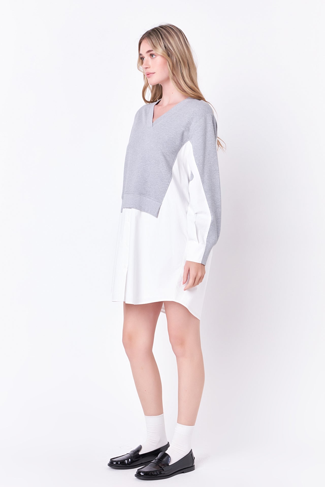 ENGLISH FACTORY - V-neck Sweatshirts Dress with Poplin - DRESSES available at Objectrare