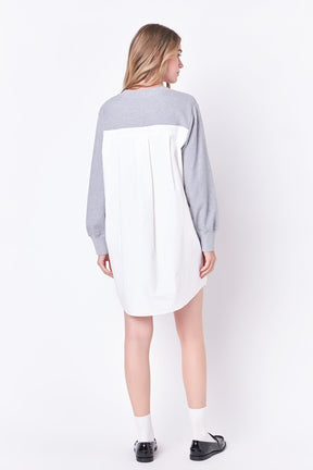 V-neck Sweatshirts Dress with Poplin
