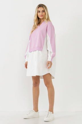 V-neck Sweatshirts Dress with Poplin